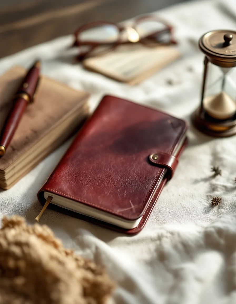 A leather notebook, fountain pen and brass hourglass on linen